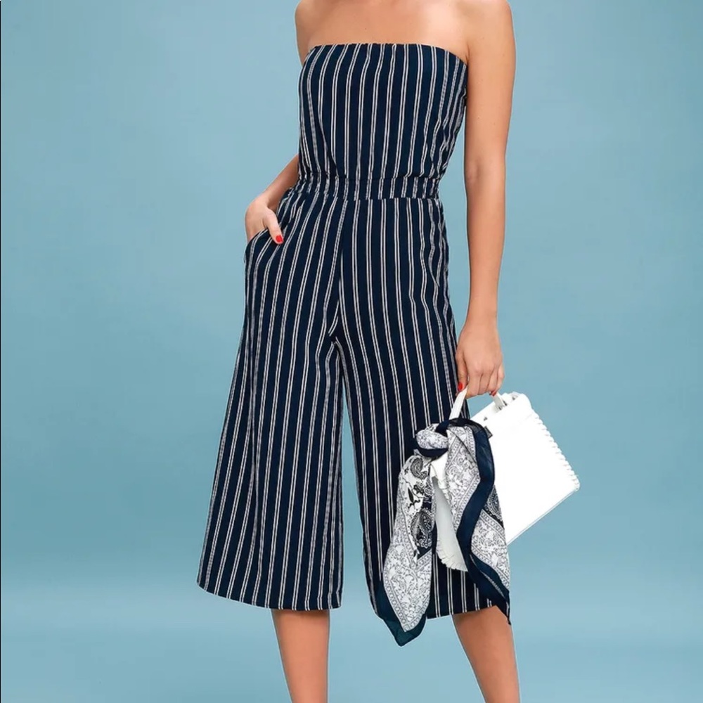 NWOT Navy Blue Striped Strapless Midi Jumpsuit